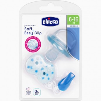 Пустышка CHICCO PHYSIO SOFT + прищепка, силикон, 6-16м, голубая